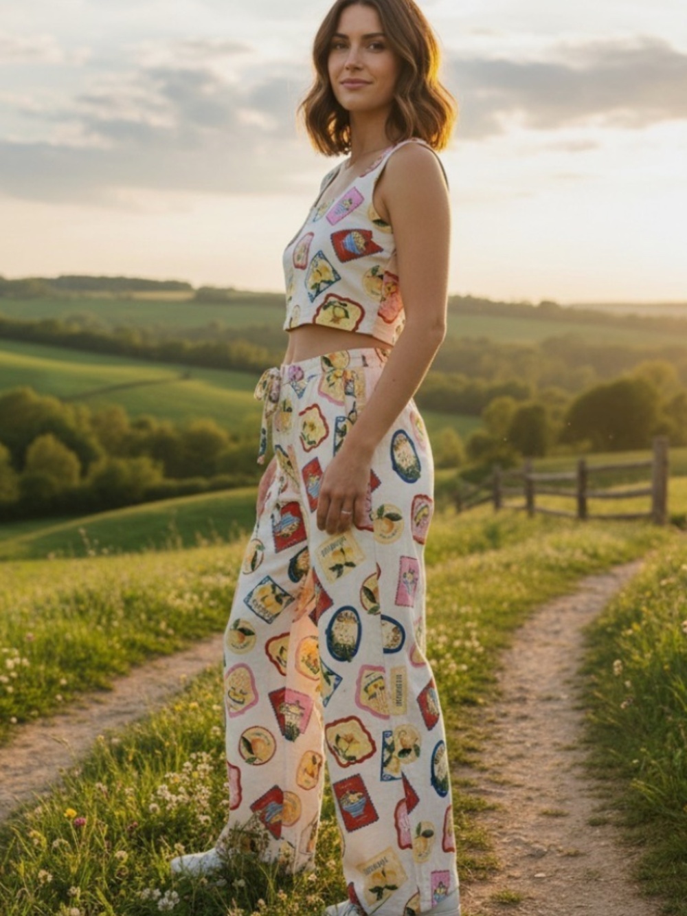 Summer Joie Linen Blend "La Dolce Vita" Lemon Postcard Print 2 Pc Set Euro Chic